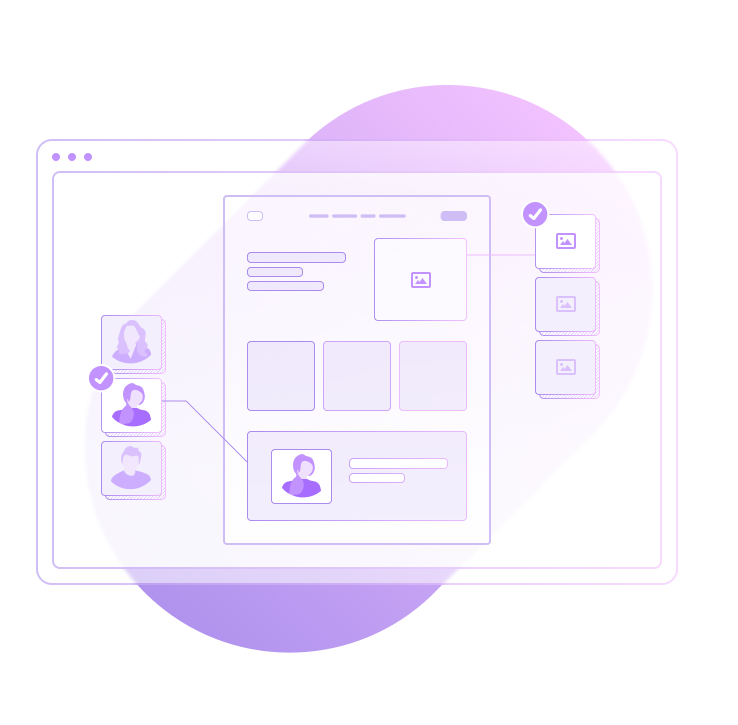 A graphical illustration of a website page depicting modals with various components, such as headshot photographs.