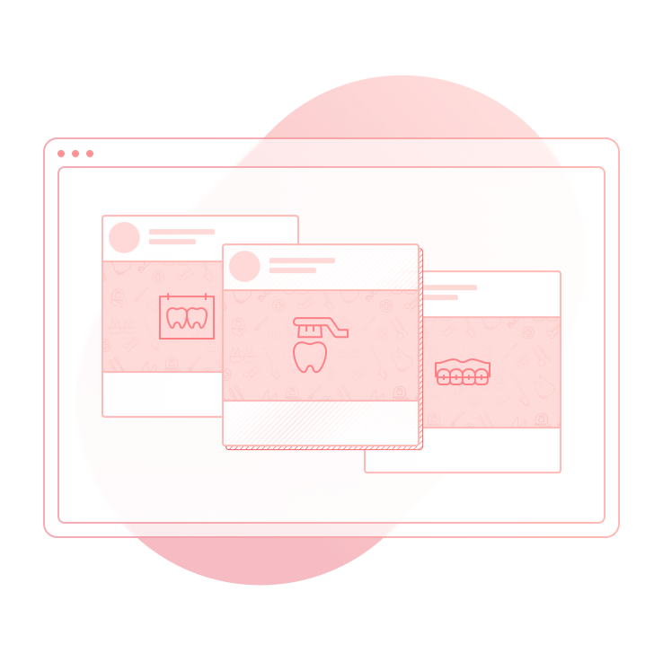 A graphical illustration of a website page with three modals that depict social media posts of two teeth, a toothbrush cleaning a tooth, and teeth with braces.